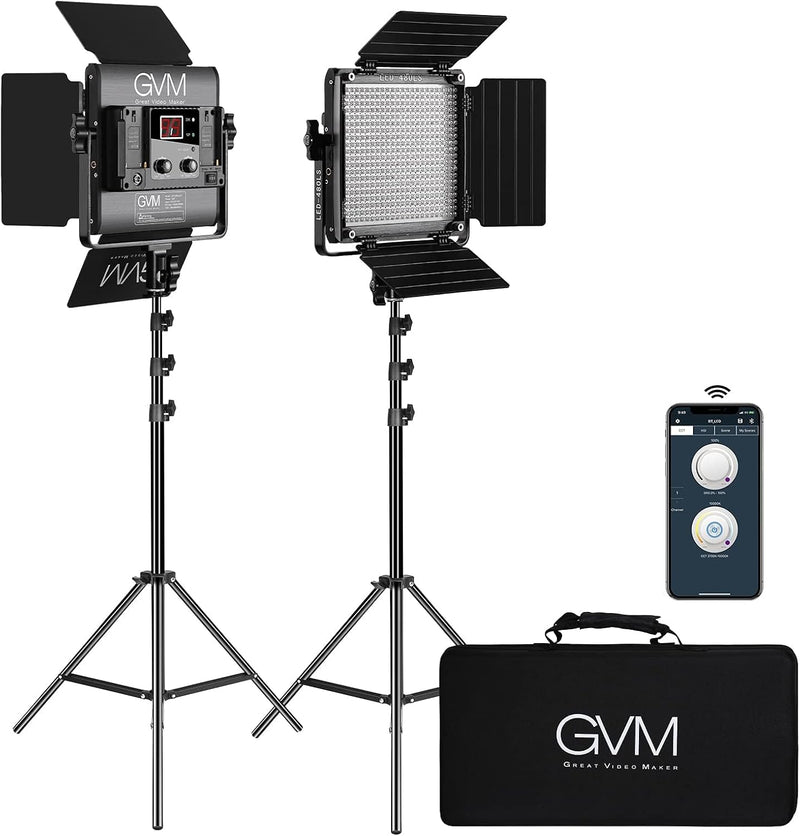 2 Pack LED Video Lighting Kits with APP Control, Bi-Color Variable 2300K~6800K with Digital Display Brightness of 10~100% for Video Photography, CRI97 TLCI97 Led Video Light Panel Barndoor K9208