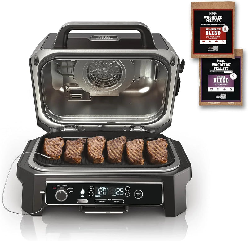 7-in-1 Grill & Smoker with Thermometer, Air Fryer, BBQ, Bake, Roast, Broil - Portable Electric Outdoor Grill, Grey I3291