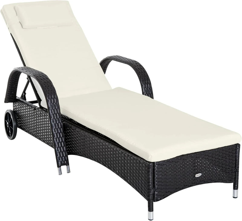 Wicker Outdoor Chaise Lounge, 5-Level Adjustable Backrest PE Rattan Pool Lounge Chair with Wheels, Cushion & Headrest, Brown and Dark Blue Q1722