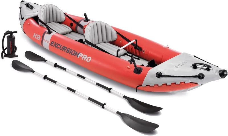 68309EP Excursion Pro K2 Inflatable Kayak Set: Includes Deluxe 86in Kayak Paddles and High-Output Pump – SuperTough PVC – Adjustable Bucket Seat – 2-Person – 400lb Weight Capacity C6232