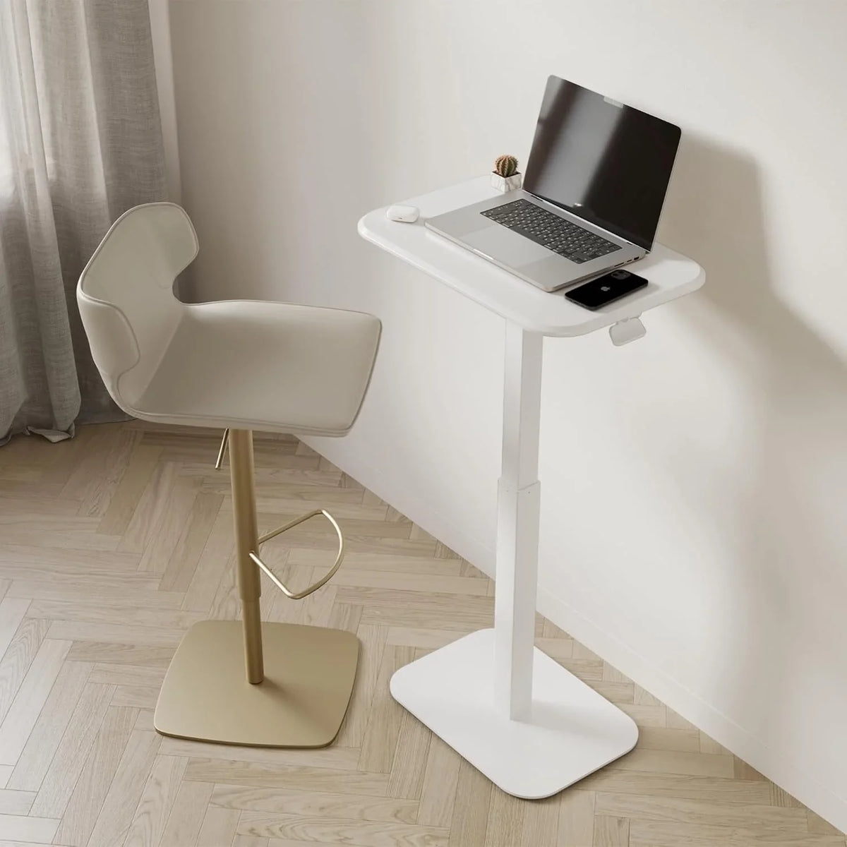 Adjustable height side table, a versatile decorative item suitable for both home and office settings. It features precise engineering for effortless height adjustment, ensuring excellent stability (white base and carbon fiber tabletop)