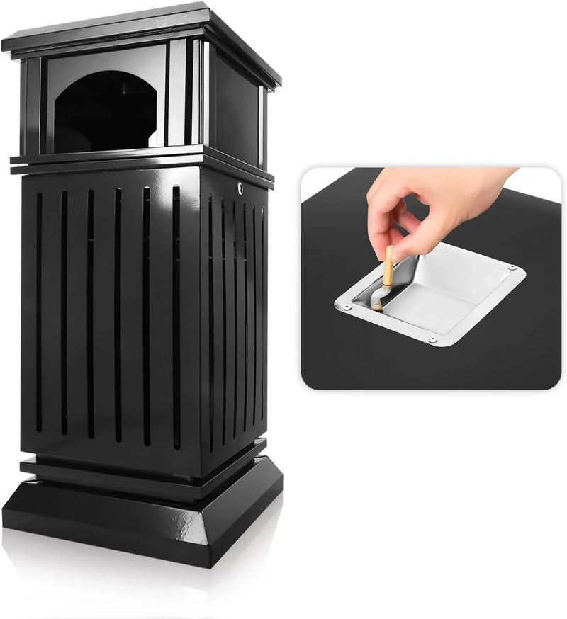 Outdoor trash bin top tray matte black stainless steel commercial waste storage box with lock cover. Heavy-duty industrial garden garage garbage container, dimensions: 35.5 * 15.8 * 15.8 inches. X7462
