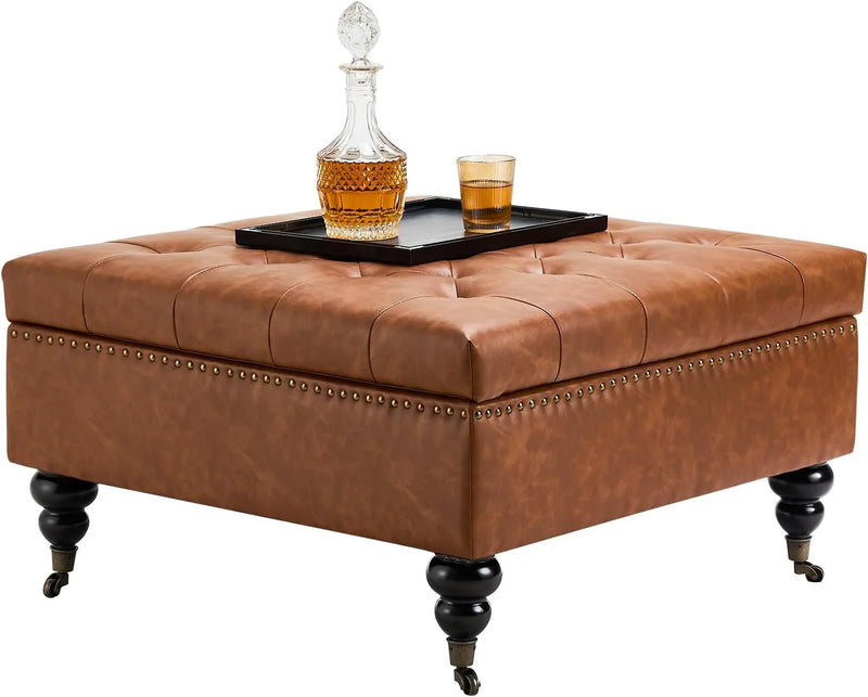 Square leather footstool with storage function, coffee table-style footstool with soft padded raised buttons, equipped with wheels, polyurethane leather high-density sponge, suitable room, dormitory, bedroom, in brown color scheme. L4737