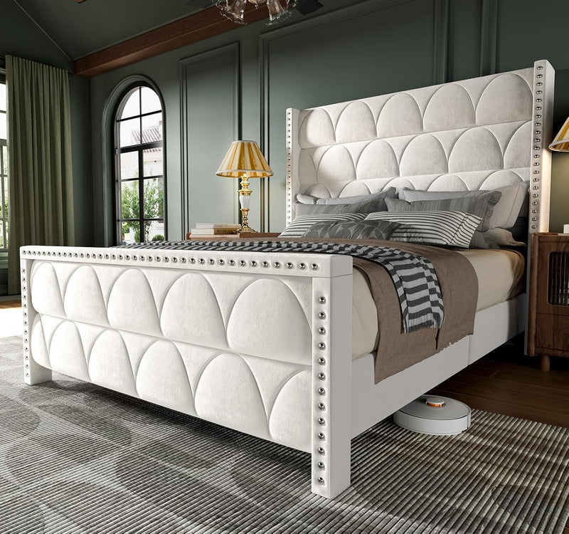 King Size Bed Frame with 56" Headboard - 1000LBS Capacity Support, Velvet Upholstered Wingback Platform Bed Frame, Noise Free, Sturdy Wooden Slat Support B3959