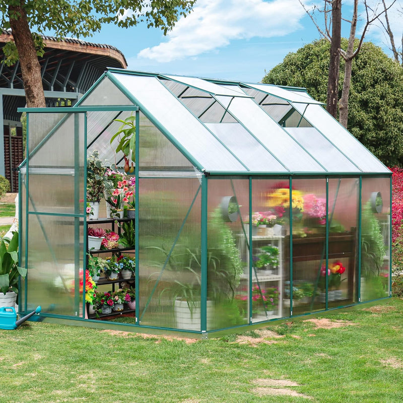 6'x10' Walk-in Greenhouse with 4mm 800G Polycarbonate Panels - Heavy-Duty Aluminum Frame, Wind/Snow Resistant for Gardening, Includes Sliding Door & Ventilation Windows (Green) K4672