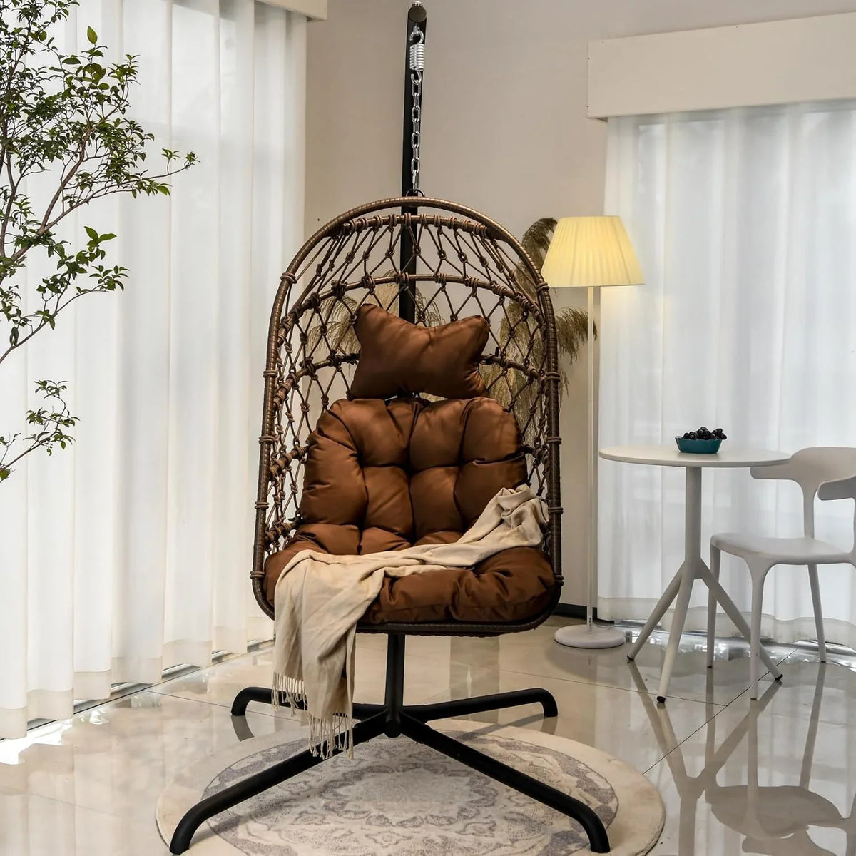 Indoor and outdoor egg-shaped rocking chairs with frames and covers, garden rattan hanging chairs, capacity 450 pounds, with UV-protective cushions, suitable for bedrooms, outdoor balconies, courtyards or living rooms (dark gray)