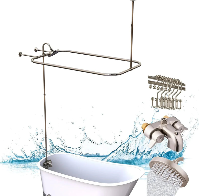 Clawfoot Tub Shower Kit, Add On Shower Units With Bathcock Diverter Faucet and 48" X 27“ Rectangular Claw foot Tub Shower Curtain Rod Kit,Claw foot Tub Shower Faucet Set,Brushed Nickel L4648