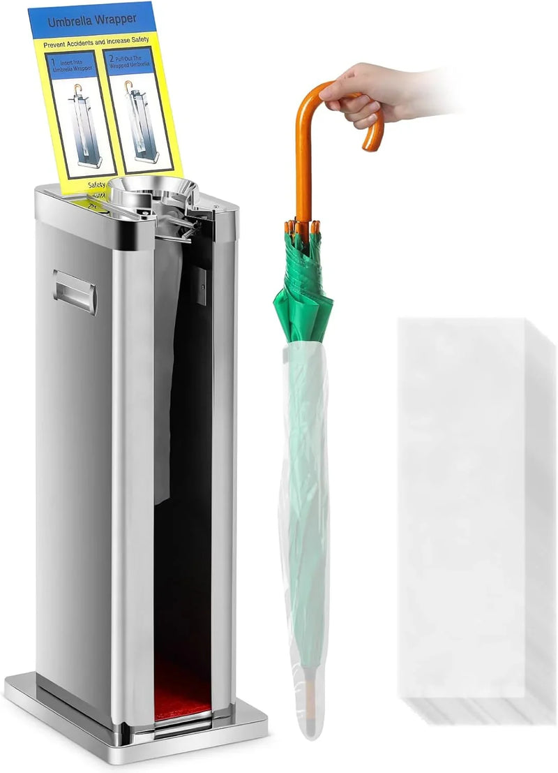Automatic wet umbrella packaging machine, stainless steel single-slot umbrella bag distributor bracket, equipped with 1000 long umbrella bags and warning signs, suitable for commercial shopping centers, hotels, in silver color. R6401