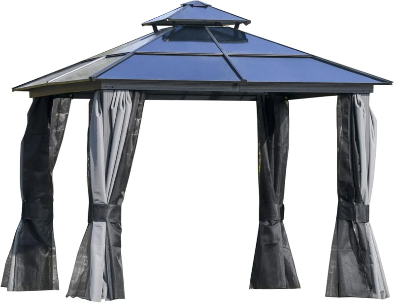 10 feet x 12 feet hard-top awning canopy, polycarbonate roof, aluminum frame, permanent outdoor awning, with net cover, suitable for patios, gardens, backyards, terraces, lawns, grasslands, light gray. R4986
