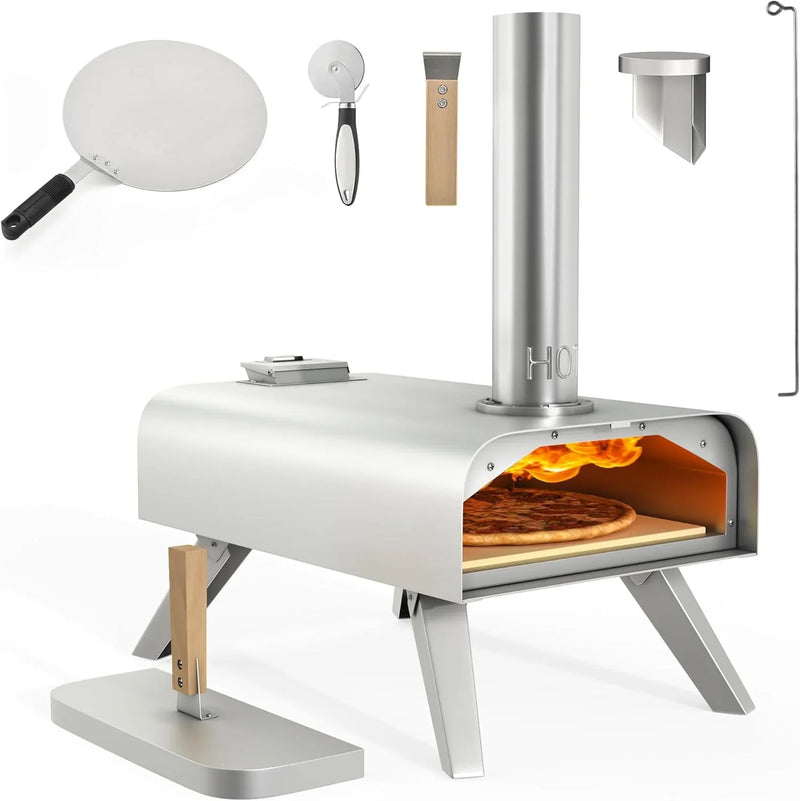 Wood-fired outdoor pizza oven, 12-inch portable pellet pizza oven, equipped with pizza tongs and pizza cutter, stainless steel silver pizza maker suitable for outdoor kitchen cooking P3401