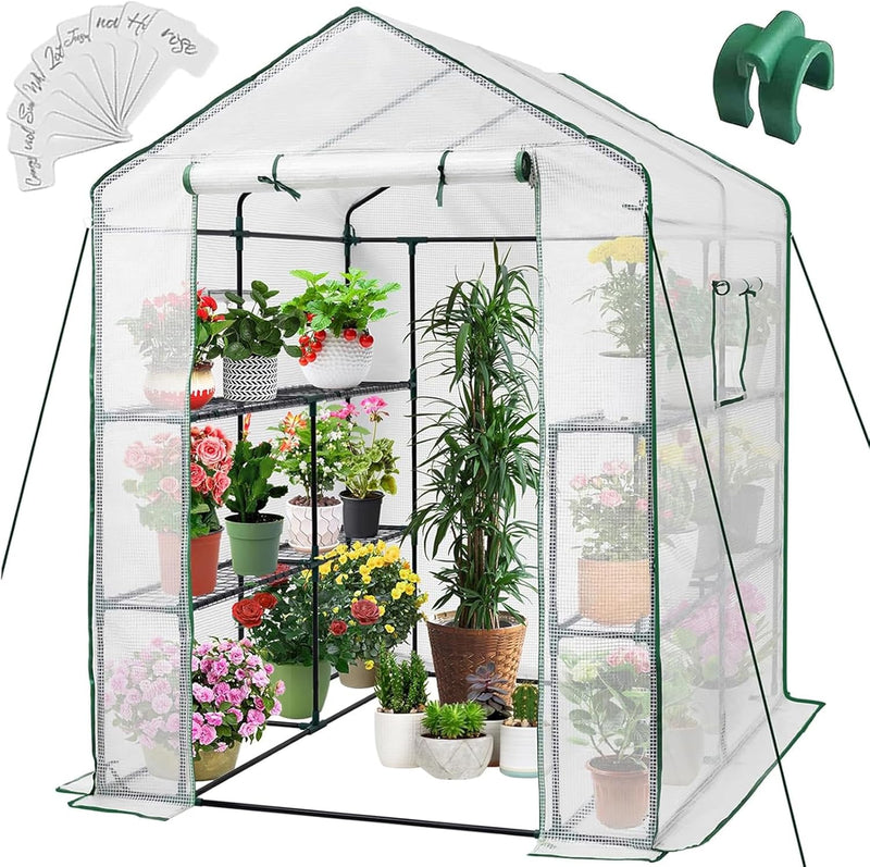 Greenhouse, 57 x 85 x 76'' Greenhouses for Outdoors, Portable Greenhouse Kit with Mesh Side Windows, PE Cover, 8 Shelves, Heavy Duty Walk in Green House for Backyard Garden Indoor Outside N1976