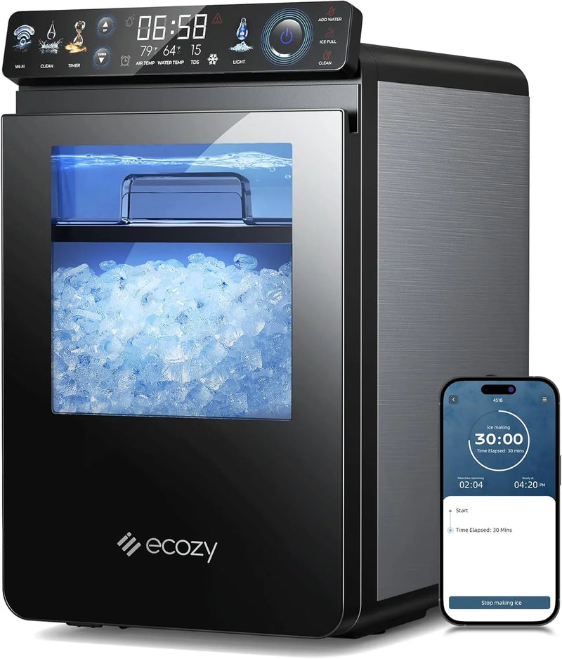 Nugget Ice Maker Countertop, Smart Pebble Ice Machine with APP Control, 44 lbs/24H Soft Pellet Chewable Ice with Self-Cleaning, Stainless Steel D818