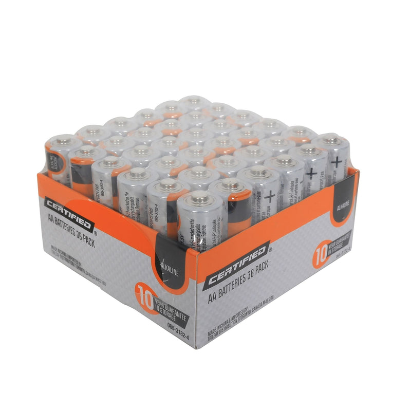 Certified AA Alkaline Battery Set, All Purpose, Long Shelf Life, 36-pk R3079