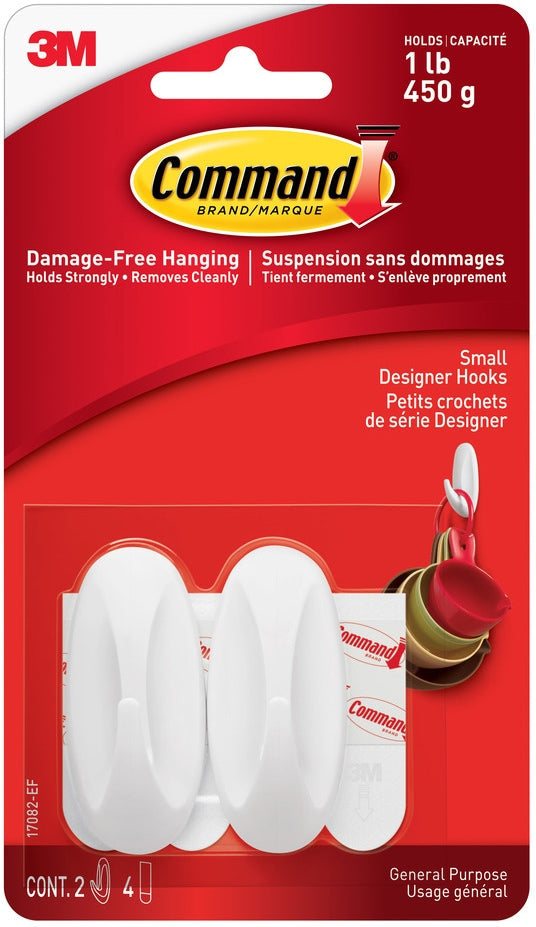 Small Designer Hooks with Adhesive Strips, White, 1-lb, 2 Strips per Pack Q2854