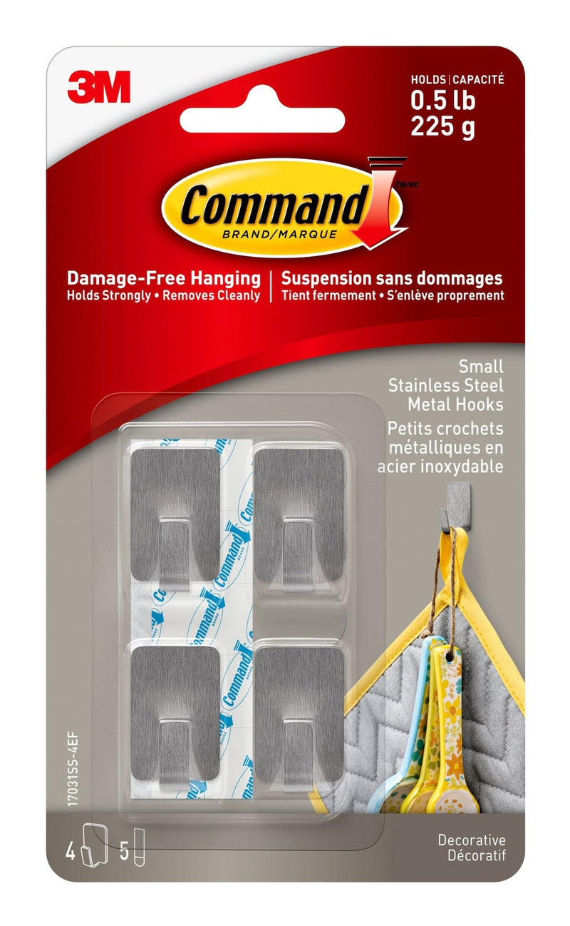 Small Stainless Steel Metal Hooks with Adhesive Strips, Silver, 0.5-lbs, 4 Strips per Pack G5644