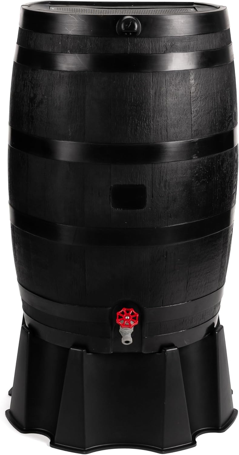 RTS Home Accents 50-Gallon ECO Rain Barrel Made with 100% Recycled Plastic, Flat Back Rain Water Collection Barrel, Black S1063