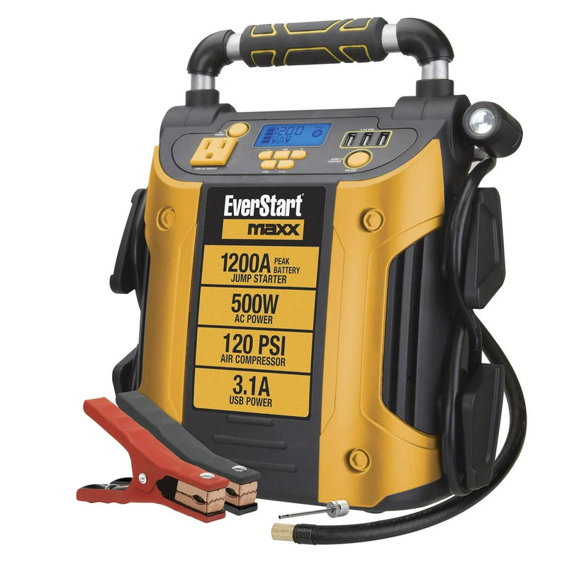 J5CPDE Jump Starter, Power Station, 1200 Peak Battery Amps with 500W Inverter and 120 PSI Compressor M5380