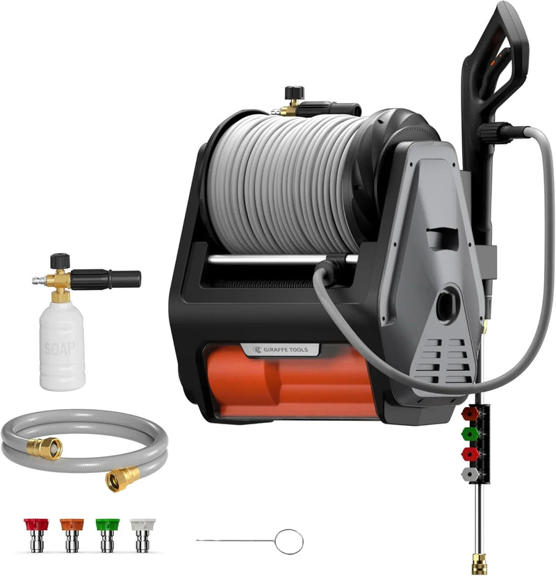 Pressure Washer Pro, Electric Wall Mount Power Washer with 100FT Retractable Pressure Hoses, 3300PSI, 1.6GPM, 4 Nozzles, Foam Cannon for Cars/Patios, Dark Silver B6785