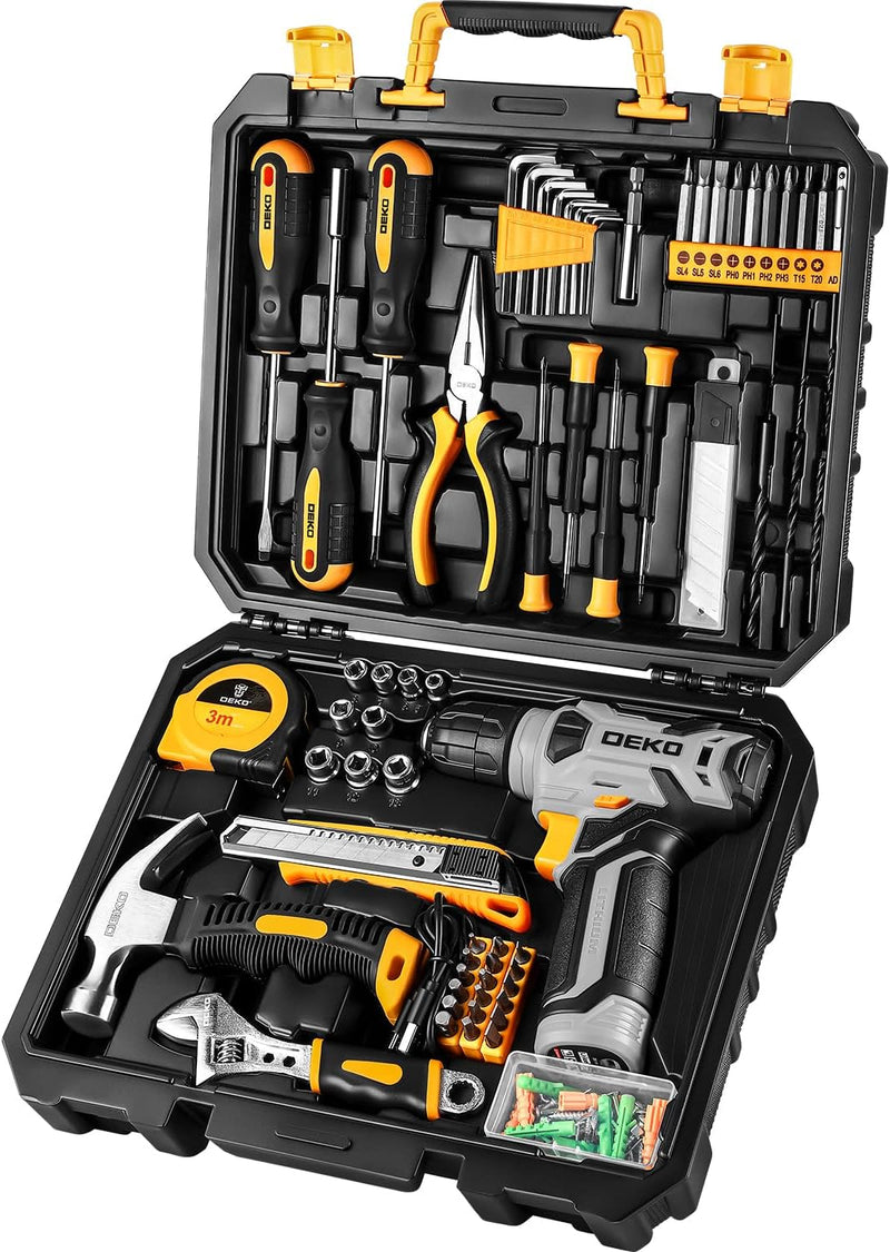DEKOPRO Tool Set：Tool Kit with 8V Cordless Drill,Tool Box with Drill,Hand Drill Set for Men & Women,Home Tool Kits for House Repair,Handyman,DIY 126 Piece S9337