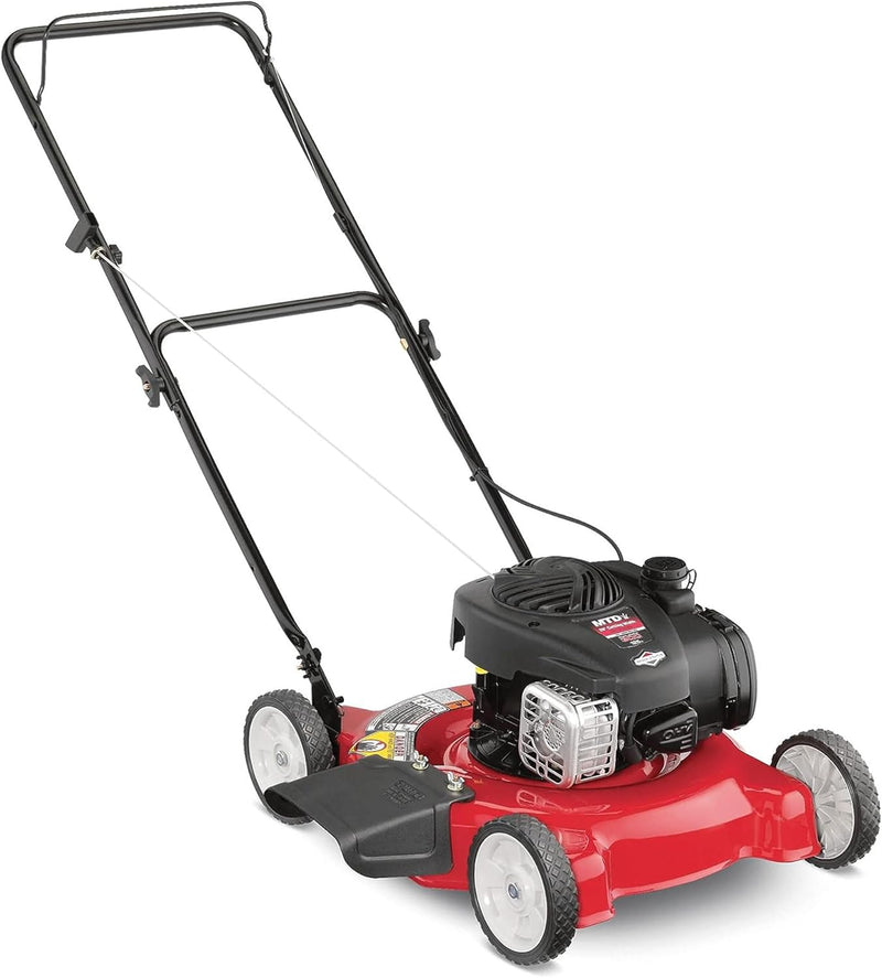 20-inch steel cutting deck, side-discharge gasoline-powered push lawn mower, with engine oil, available in red and black, suitable for outdoor yards. E1542