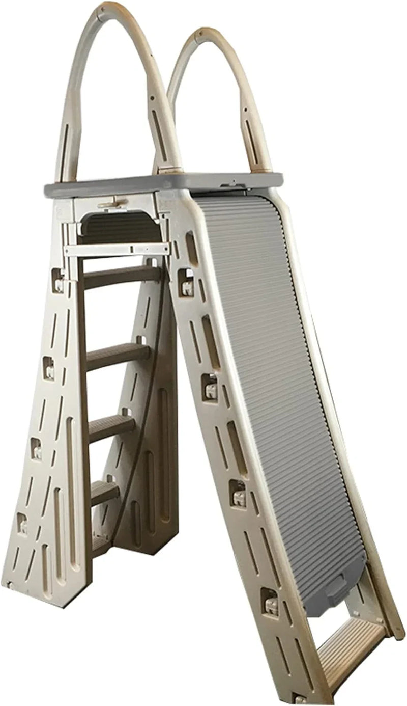 Confer Plastics 7200 Roll Guard 48" to 56" Adjustable A Frame Safety Ladder for Above Ground Outdoor Patio Swimming Pool Platform Ladder with Step Barrier, Warm Grey… D2497
