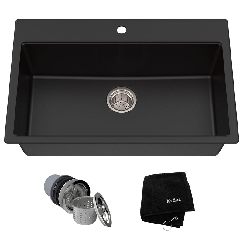 Quarza Top/Undermount Granite Single Bowl Kitchen Sink, Black Onyx, 31x20x9-in Z7603