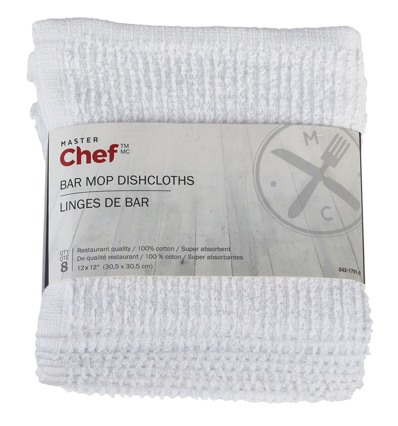Terry Cotton Bar Mop Dishcloths, 16-in x 19-in, White, Reusable, 4-pk B7550