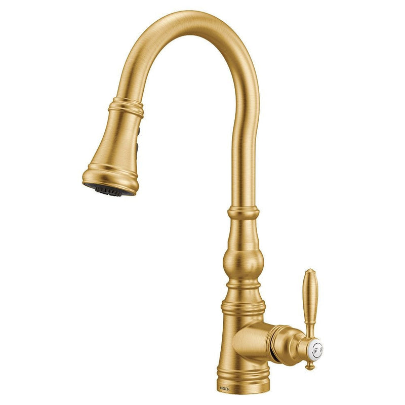Weymouth Single Handle High Arc Pull Down Sprayer Kitchen Faucet with Power Boost, Brushed Gold E8144