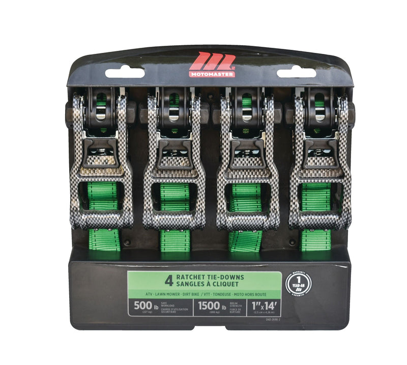 1,500-lb Carbon Ratchet Tie Downs, Weatherproof, 1-in x 14-ft, 4-pk, Green V6835