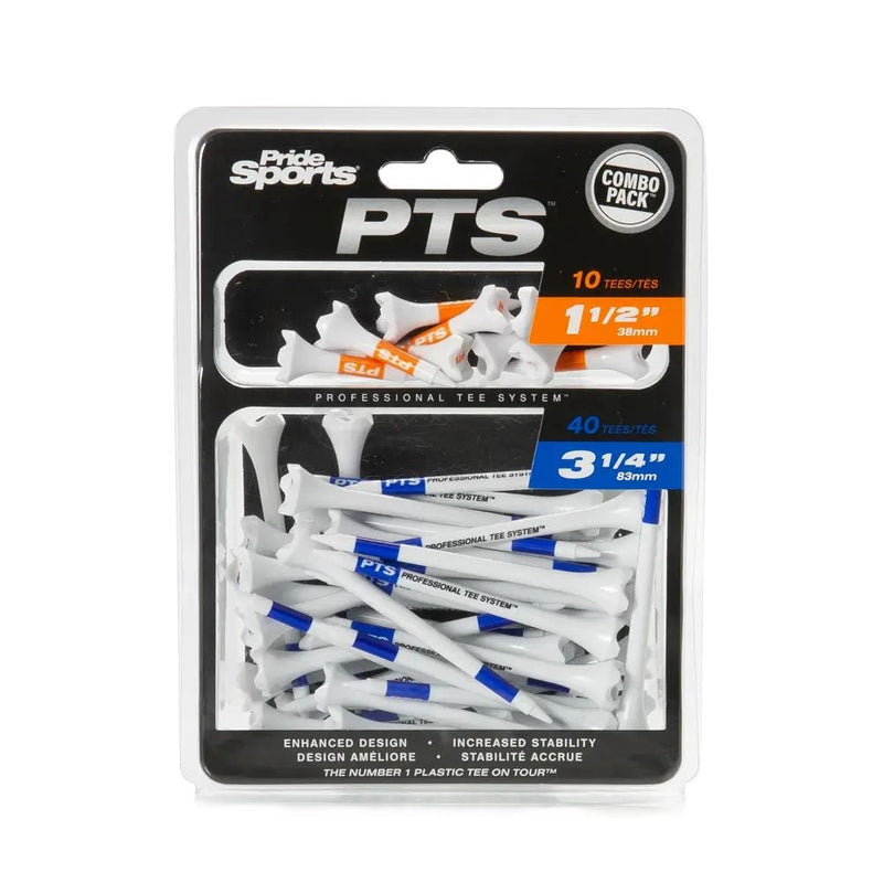 Pride Evolution Plastic Golf Tee Combo Pack, Assorted Sizes, 40-pk, White, 1-1/2-in & 3-1/4-in I5205
