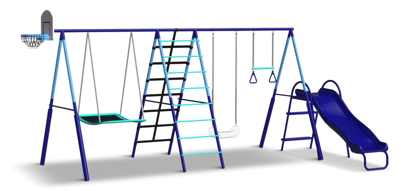 Sunset Slam Kids' 7-Station LED Metal Swing Set Combo with Basketball Hoop & Slide N5586