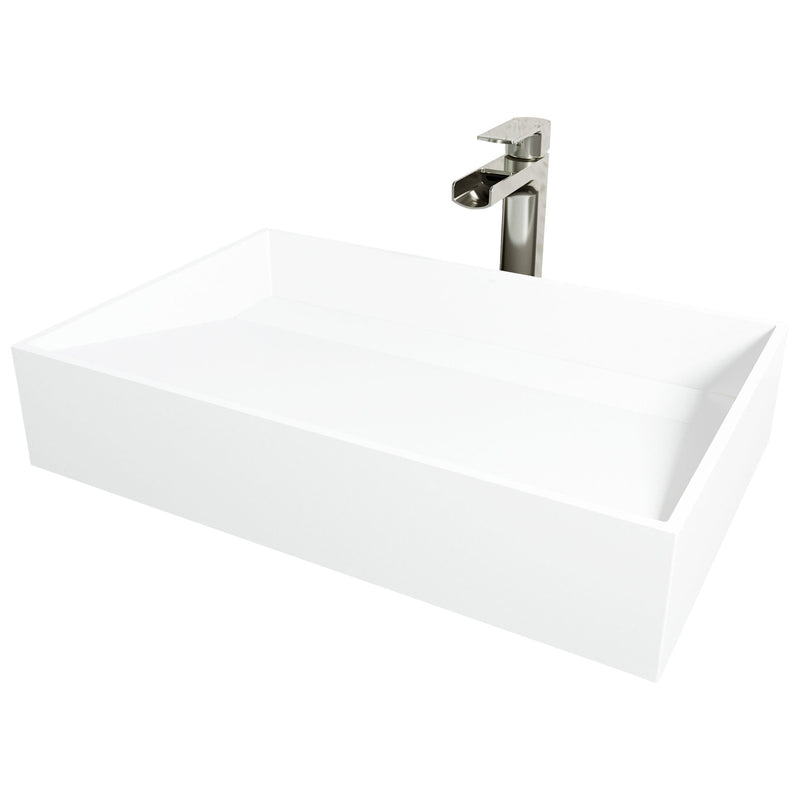 Starr Glass White Bathroom Sink/Basin Set with Amada Faucet and Rectangular Composite Vessel K3697